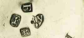 BN over a fleur de lys into a heart mark, Bowles Nash, London 1721 BN over a fleur de lys into a heart mark, Bowles Nash, London 1721