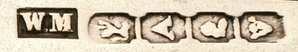 WM and English pseudo-hallmarks mark, William Moore , Cape Colony 1840 c. WM and English pseudo-hallmarks mark, William Moore , Cape Colony 1840 c.