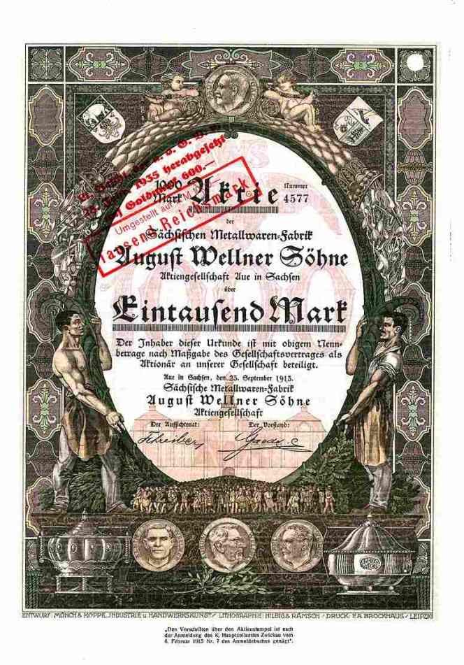 The marvellous Art Nouveau 1000 Mark share of Saxon Metal Goods Factory August Wellner and Sons The marvellous Art Nouveau 1000 Mark share of Saxon Metal Goods Factory August Wellner and Sons