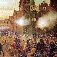 Battle of Puebla. Cinco de Mayo. General Porfirio Diaz leads Mexican cavalry to victory against the French lead by General Charles Lorencez at Puebla, Mexico April 2, 1867. Oil on canvas, 1902. May 5, 1862. General Ignacio Zaragoza