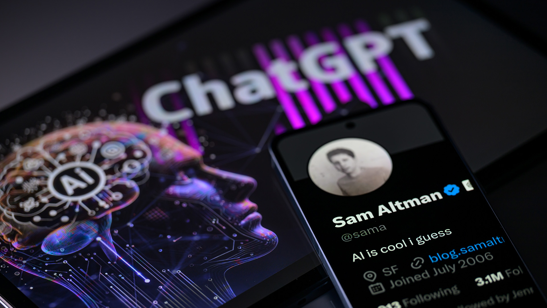The X account of OpenAI CEO Sam Altman is displayed on a mobile phone with a ChatGPT logo.