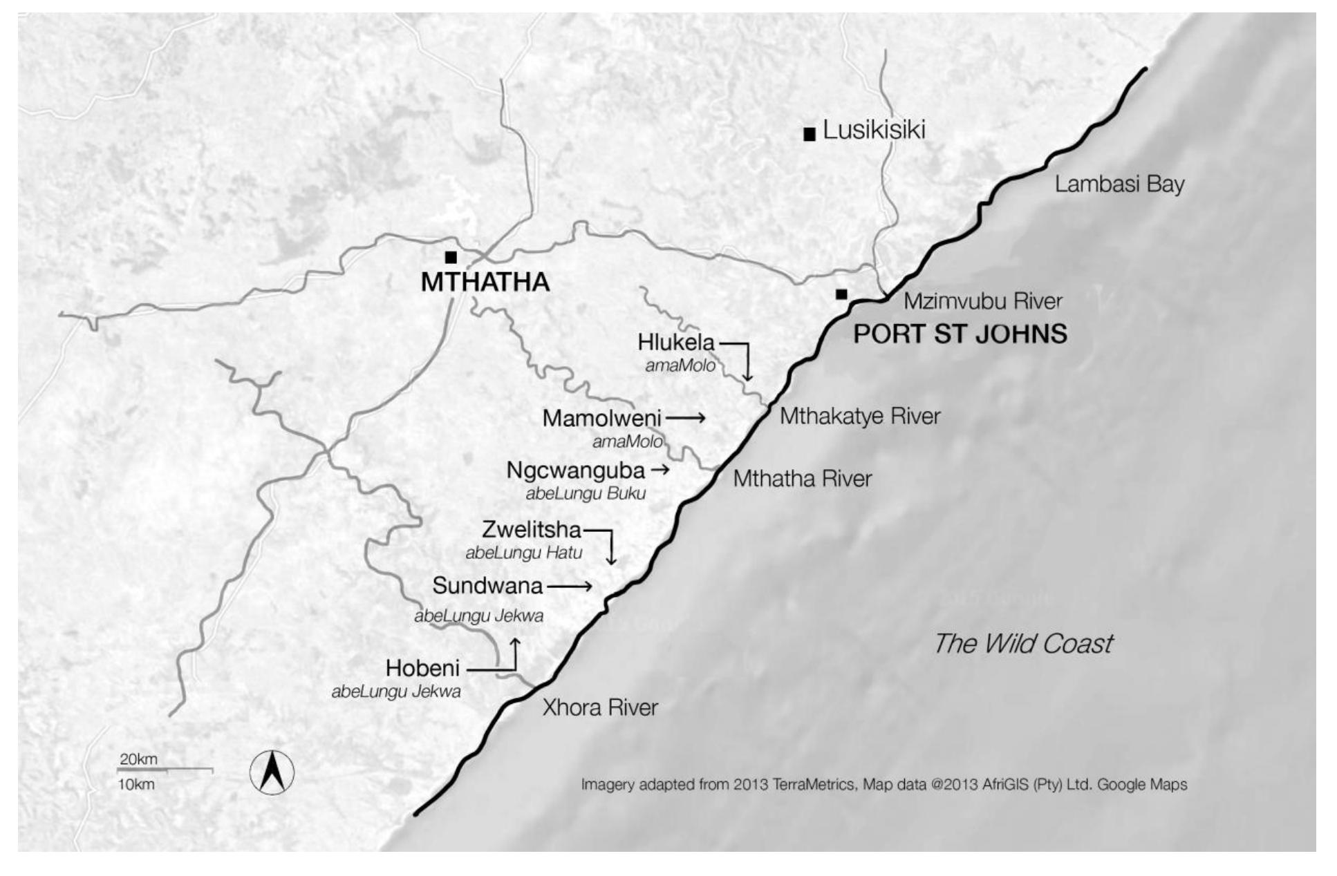 ‘igure 2.3. Research area of the study. Depicted are the locations of /alis, or homesteads of the three rimary abeLungu clans, namely abeLungu Jekwa, Buku, Hatu as well as the amaMolo. The research rea is located between the Xhora and Mzimvubu rivers, as situated along the Wild Coast, in the ‘astern Cape of South Africa. This distribution can be found under Table 1. This map has been adaptec ‘om Google Maps online service: Imagery @2013 TerraMetrics, Map data @2013 AfriGis (Pty) Ltd.  j00gle Maps  Eastern Cape of South Africa. This distribution can be found under Table 1. This map has been adaptex 