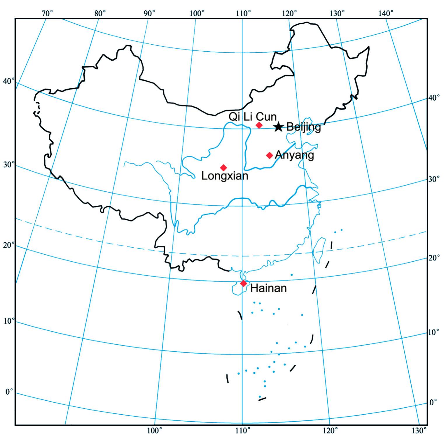 V.E. Gibbon et al. / HOMO - Journal of Comparative Human Biology 67 (2016) 369-383  Fig. 1. Map of China indicating the ___location of Longxian (Dan Zi Cun, Chengguan Town, Longxian County, Shanxi Province), Qi Li Cun (a southern suburb of Datong in Shanxi province), Anyang (Henan Province) and Hainan (Canton Region) archaeological sites. 