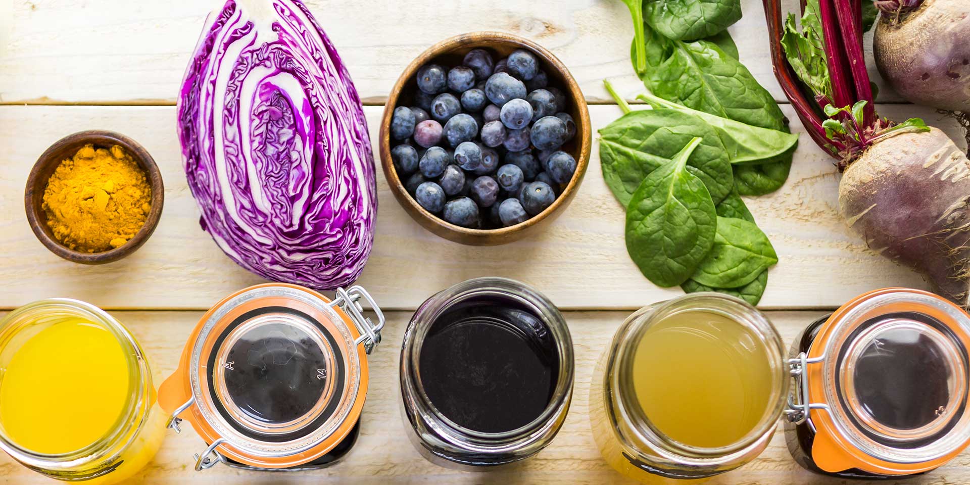 turmeric, cabbage, blueberries, spinach and beets used for natural dyes