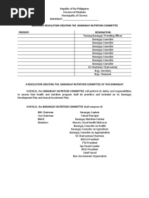 Barangay Resolution Creating The Barangay Nutrition Committee Present: Designation