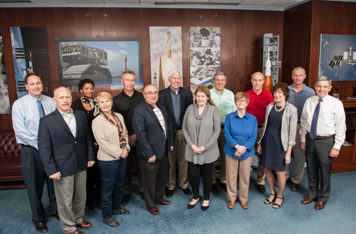Group photo February 2017: ASAP Meeting at KSC. From left to right: Mr. Robert Lightfoot (NASA Administrator, Acting), Mr. Kenneth Bowersox (NAC HEO Committee Chair), Ms. Carol Hamilton (NASA ASAP Executive Director), Ms. Paula Frankel (ASAP Technical Writer), Capt. Christopher Saindon, Dr. Donald McErlean, Dr. George Nield, Lt. Gen. Susan Helms, Mr. John Frost, Ms. Marla King (NASA ASAP Administrative Officer, Acting), Dr. James Bagian, Dr. Patricia Sanders (ASAP Chair), Capt. Brent Jett, Jr., Mr. Robert Cabana (KSC Center Director)