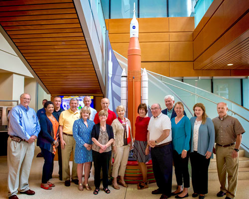 ASAP Group photo: May 2017 Meeting at MSFC. From left to right: Mr. Richard Burt (MSFC Director of Safety and Mission Assurance), Ms. Carol Hamilton (NASA ASAP Executive Director), Capt. Christopher Saindon, Mr. John Frost, Ms. Jody Singer (MSFC Deputy Center Director), Capt. Brent Jett, Jr., Ms. Marla King (NASA ASAP Administrative Officer, Acting), Dr. James Bagian, Ms. Paula Frankel (ASAP Technical Writer), Dr. Patricia Sanders (ASAP Chair), Dr. Donald McErlean, Dr. George Nield, Dr. Sandra Magnus, Lt. Gen. Susan Helms, Mr. Kenneth Bowersox (NAC HEO Committee Chair)