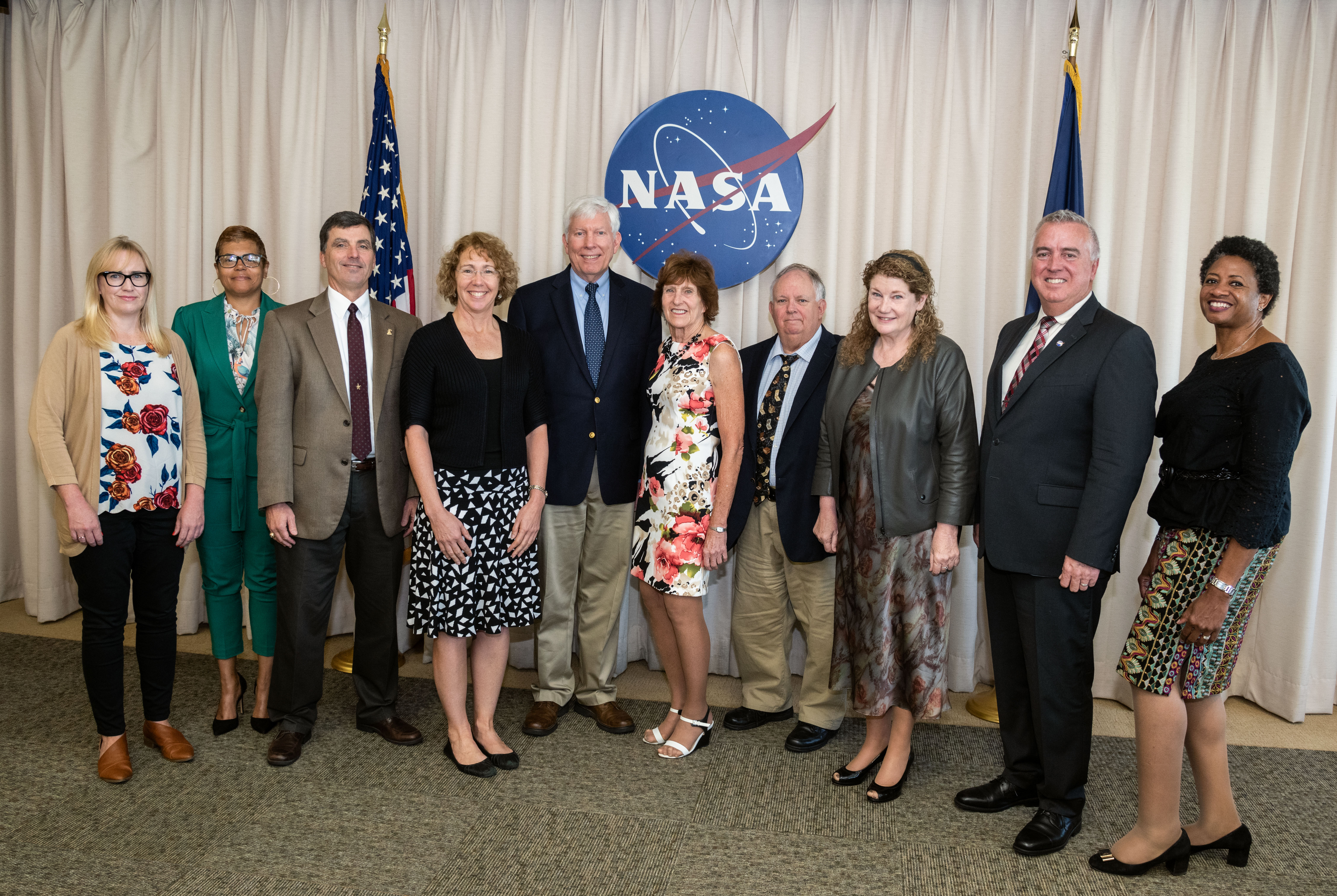 ASAP 2019 4th Quarterly Meeting held at NASA Johnson Space Center. From left to right: Ms. Kerry Leeman (ASAP Technical Writer), Ms. Lisa M. Hackley (NASA ASAP Administrative Officer), Mr. Paul S. Hill, Dr. Sandra Magnus, Dr. George Neild, Dr. Patricia Sanders, (ASAP Chair), Dr. Richard Williams, Lieutenant General Susan Helms, Mr. David West, Ms. Carol Hamilton (NASA ASAP Executive Director)
