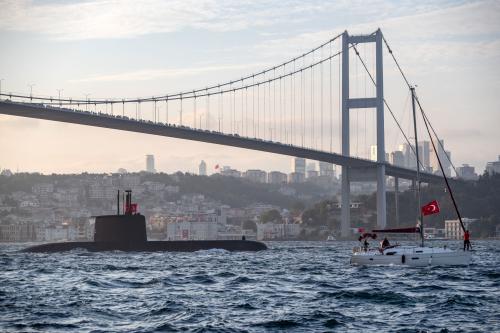 On the occasion of the 100th anniversary of the founding of the Republic of Turkey, a submarine belonging to the Turkish Navy seen during the official parade in the Bosphorus