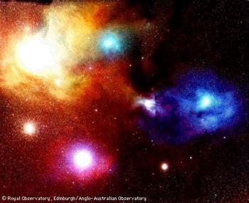 Antares (upper left), Rho Ophiuchi (blue), and Sigma
Scorpii (red)