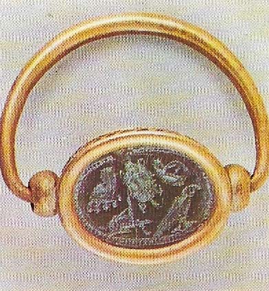 The Phoenicians were skilled at working gold, an art they learnt from the Mycenaeans and Egyptians. This gold ring dates from the sixth or fifth century BC and was found at Tharros in Sardinia. The scarab on the ring depicts Bes the Egyptian dwarf god.