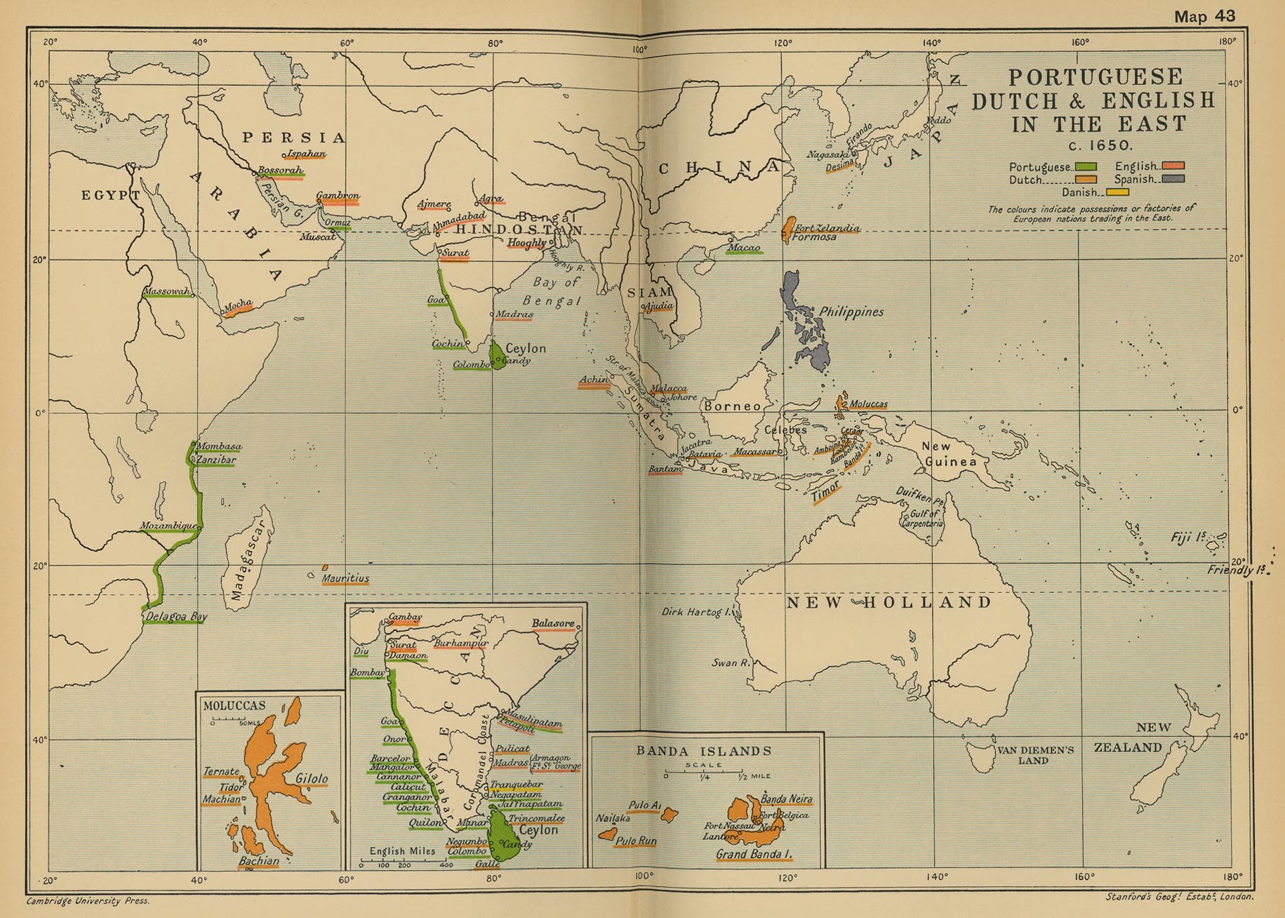 Map of the Portuguese, Dutch and English Colonies in the East c. 1650